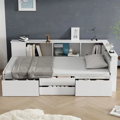 Image de Abrihome Lit d'enfant 90 x 200 cm avec tiroirs, bibliothèque et armoire de rangement, sommier avec espace de rangement, lit simple, blanc