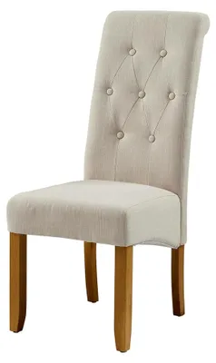 Produktbild von Designstuhl CASA - beige - Leinen Esszimmerstuhl mit Massivholzbeinen, Zierknöpfen und Nackenrolle