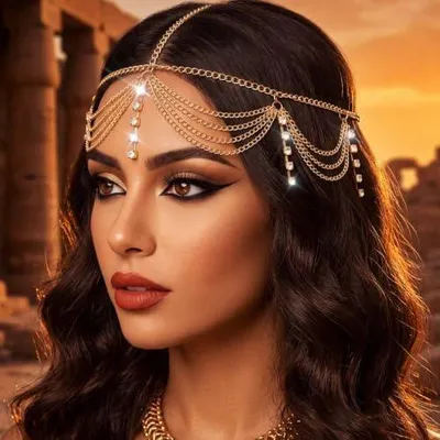 Produktbild von Boho-Haarkette mit goldenen Strasssteinen als Kopfschmuck für Damen | Strass-Haarband für den Karneval