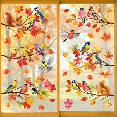 Produktbild von Fensterbilder Herbst - Selbstklebend mit Vogel und Eichhörnchen Motiven - Dekoration für Fenster und Schaufenster - 58 Stück