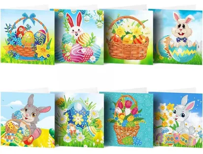 Immagine prodotto di Set di biglietti di auguri con decorazioni in cristalli, 8 pezzi, tema Pasqua: coniglietto, uova, kit per attività creative, modello GC A017