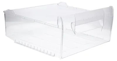 A clear, studio shot of a transparent plastic drawer with a handle.
