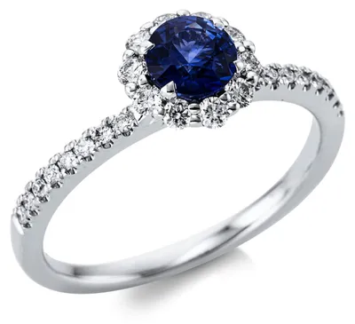 Produktbild von Ring aus 750 Weißgold Saphir 0,6ct blau 26 Brillanten 0,33ct TW-SI B:7,7mm Innenumfang 54mm Ø17.2mm