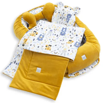 Premium BABYNEST SET 5 tlg. GELB Samt Velour/ WALD TIERE Baumwolle Nestchen Babyausstattung Geschenk