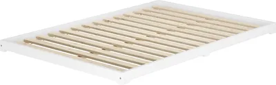 A white bed frame with wooden slats, shown from a slightly elevated angle against a white background.