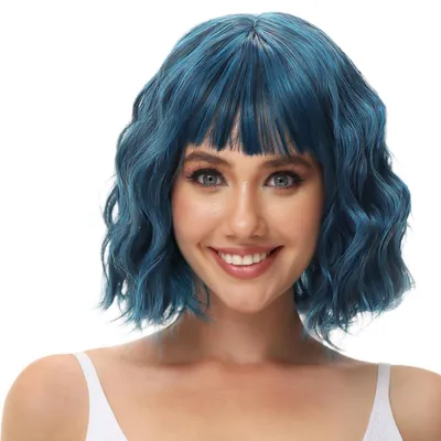 Immagine prodotto di Parrucca corta a taglio bob, effetto ombre blu con frangia, realizzata in fibra sintetica, ondulata e riccia, ideale per l'uso quotidiano, per feste, per Halloween o per cosplay, adatta alle donne