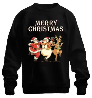 Produktbild von MERRY CHRISTMAS Weihnachtsmann Schneemann Rentier tanzend Sweatshirt Pullover, Schwarz, XXL