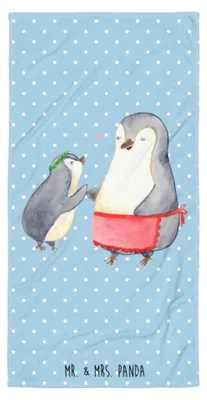 Produktbild von Mr. & Mrs. Panda Strandtuch Pinguin mit Kind - Blau Pastell - Geschenk, Duschtuch, Mutti, Familie, Mama, Tochter, Muttertag, Großes Badehandtuch, Vorbild, Handtuch