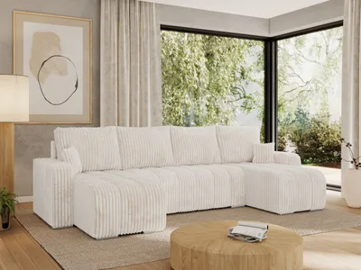 Produktbild von MKS MEBLE Sofa mit Schlaffunktion - Ecksofa mit Schlaffunktion und Bettkasten - Sofa 5 Sitzer - Schlafsofa - Couch - Schlafsofa mit Bettkasten - Kirasso U -Beige Cord