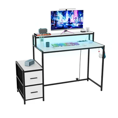 Produktbild von Gaming-Schreibtisch mit 2 Stoffschubladen und LED-Lichtleiste, Computertisch mit Steckdosen, Gaming Tisch, Weiß+Schwarz, Metall+MDF, 128 x 90 x 48 cm