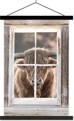 Produktbild von MuchoWow® Textilposter Schottisches Hochlandrind - Ansicht - Fenster 40x60 cm mit schwarzem Rahmen - Wanddekorationen