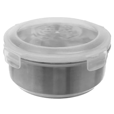 A stainless steel food container with a clear plastic lid.
