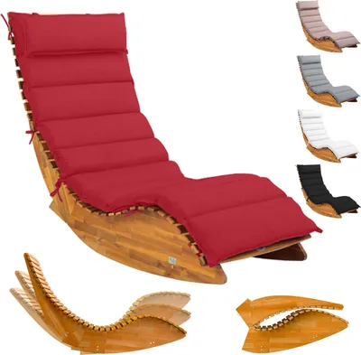 Image de CASARIA® Chaise longue à bascule JAVA avec housse rouge bois d'acacia certifié FSC® pliable transat jardin Sauna Capacité de charge 160kg