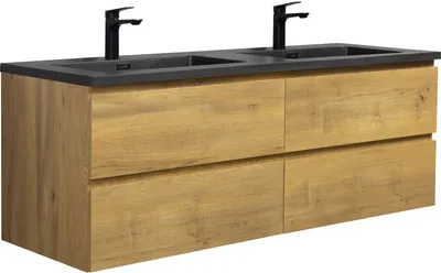 Produktbild von Badplaats Badmöbel Set mit Waschbecken und Unterschrank Angela 140 x 48 cm Eiche - Waschbeckenunterschrank mit Soft-Close und Schwarze Doppelwaschbecken
