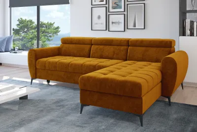 Produktbild von Easy4You Ecksofa Bjorn Velvet L-Form Senf – 252x101x175 cm - Schlafsofa mit Bettkasten und Schlaffunktion - Eckcouch mit Stauraum - Verstellbare Kopfstützen – Stoff Monolith 48