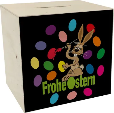 Produktbild von Osterhase Spardose aus Holz mit Spruch: Frohe Ostern