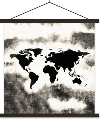 Produktbild von MuchoWow® Textilposter Weltkarte - Schwarz - Holz 40x40 cm mit schwarzem Rahmen - Fotos