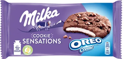 Obrázok produktu pre Milka Sensations Kakaové sušienky s čokoládovými kúskami a vanilkovou náplňou 156 G