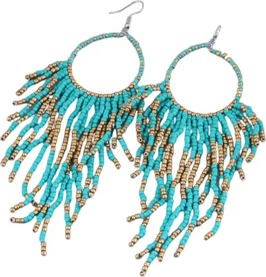 Produktbild von Lange Boho-Ohrringe im orientalischen Retro-Stil, Metall und Perlen, 13,5 cm x 3,5 cm