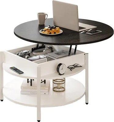 Imagen del producto de Mesa de centro redonda con tapa elevable y espacio de almacenamiento, color blanco