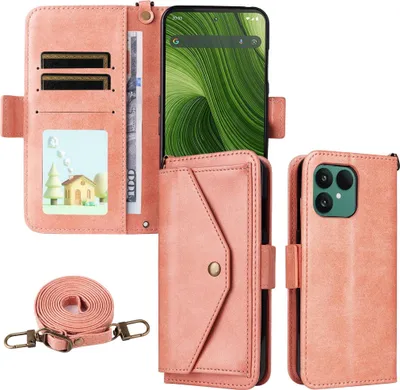 Image de Crossbody Housse en cuir véritable pour Fairphone 6 Porte-cartes et support rose