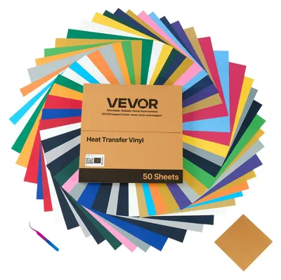 Produktbild von VEVOR Wärmeübertragungsfolie, 50er Pack, 304,8 x 304,8 mm, Verschiedene Farben HTV Bügelfolie Bundle, Einfach zu Schneiden und Entgittern, mit Zubehör, Kompatibel mit Schneidemaschinen, für Verschiedene Materialien, T-Shirts, Glänzend Mehrfarbig (50 Stück), 304,8x304,8 mm
