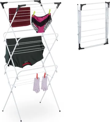 Produktbild von Relaxdays Wäscheständer, klappbar, 18 Stangen, 136x62x51 cm, innen, Metall, platzsparender Turmwäscheständer, weiß