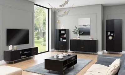 A modern living room with black furniture, including a TV stand, coffee table, and cabinets, arranged around a large window.