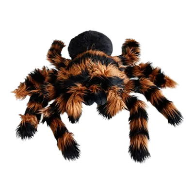 A plush toy spider with brown and black stripes against a white background.