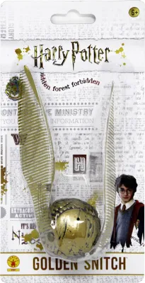 A packaged Harry Potter Golden Snitch toy, with a picture of Harry Potter on the side.