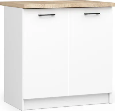A white cabinet with a wooden top.