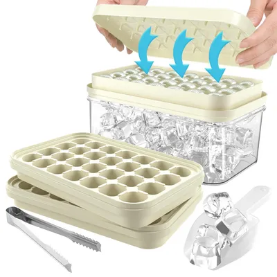 Image de Contenant à glaçons avec couvercle et pelle, capacité de 56 glaçons, empilable, adapté au contact alimentaire, en silicone, de couleur blanc laiteux