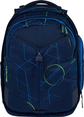 A blue backpack with a geometric pattern.