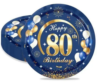 Immagine prodotto di Piatti di carta per il 80° compleanno, 16 pezzi, colore blu e oro, diametro 23 cm