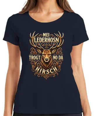 Produktbild von Mei Lederhosn trogt no da Hirsch Bayern Alpen Lederhose Dirndl Damen T-Shirt, Navy, M