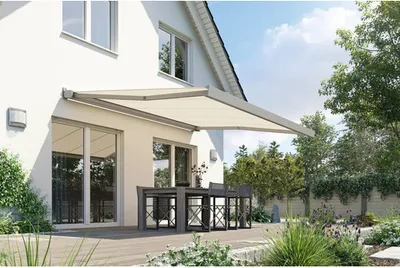 Produktbild von SOLUNA Kassettenmarkise Modern 5,5x2,5 Stoff Dessin S1469 Gestell RAL 9007 graualuminium Antrieb rechts inkl. Motor und