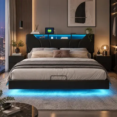 Image de INONEFT Lit à plateforme hydraulique 160x200 cm avec LED et USB, lit à lattes suspendu avec repose-tête réglable et espace de rangement dissimulé, couleur noire
