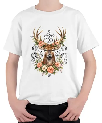 Produktbild von Eleganter Hirsch Blumenkranz Geweih Wald Boho Natur Lederhose Reh Kinder T-Shirt, Weiß, 116