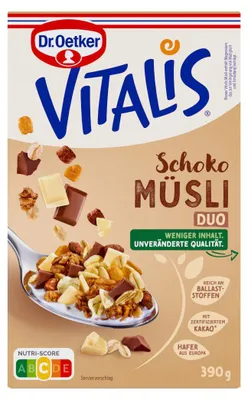Produktbild von Dr. Oetker Vitalis Schoko Duo Müsli mit weißer Schokolade Packung 390g