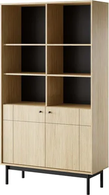 Productafbeelding van FURNLUX Vitrinekast Japandi Eikenhout en Zwart, 104 cm / Hoofdkleur: Beige / Afmetingen: 104 x 39 x 185 cm