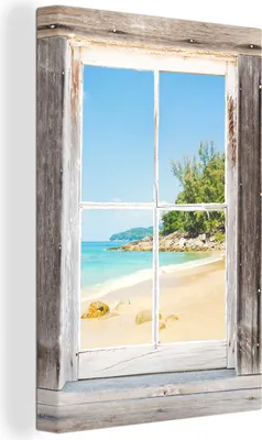 Produktbild von OneMillionCanvasses® - Leinwandbilder - 90x140 cm, Durchblick - Strand - Holz, - Geöffnetes Fenster - Fensterblick Schlafzimmer Kunstdruck Wanddekoration - Foto auf Leinwand - Gemälde auf Holzrahmen  - Wandschmucke - Schlafzimmer