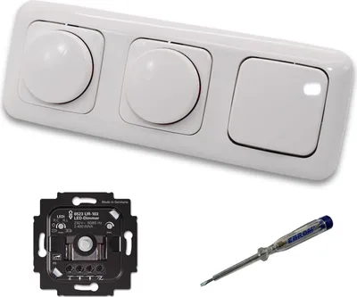 Produktbild von Busch Jäger 6523UR-103 (2 x) LED Drehdimmer Dimmer + Dimmerscheiben 2115-214 und Lichtschalter 2000/6 US in Reflex Si alpinweiß glänzend inklusive EBROM Phasenprüfer zur Montage der Geräte 6523 UR-103