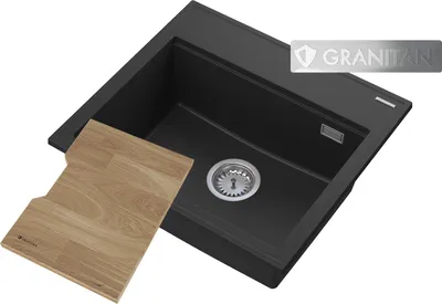 Zdjęcie produktu dla Granitan | Zlewozmywak granitowy FOXAL - Czarny - Z chromowanym syfonem - Ergonomiczny design -
