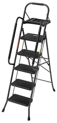 Produktbild von Peviasot Klappleiter 5 Stufen mit Handlauf und Werkzeugablage, breite Anti-Rutsch-Stufen, Stahlrahmen, 150 kg, faltbar, Schwarz, EN14183