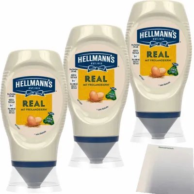 Produktbild von Hellmann's Real Salatmayonnaise zum Dippen und Verfeinern 3er Pack (3x250ml Flasche) + usy Block