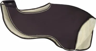 A dark brown horse blanket with cream lining and trim, shown from a side angle on a white background.