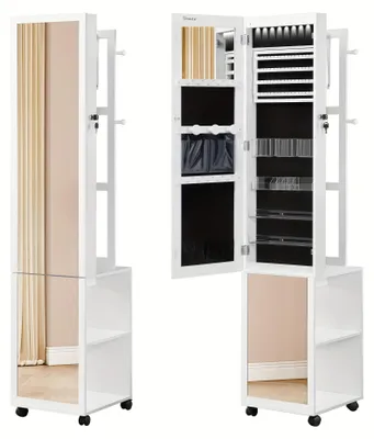 Immagine prodotto di Armadietto per gioielli - Scatola per gioielli - Contenitore per gioielli - Armadietto con specchio - Organizer - Bianco con rivestimento nero - 36x40x170 cm