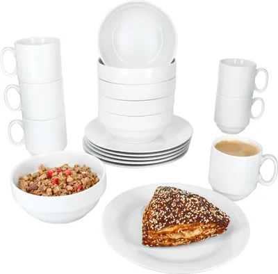 Produktbild von 18tlg Frühstücksset Tommy weiß Porzellan Teller Schalen Becher stapelbar