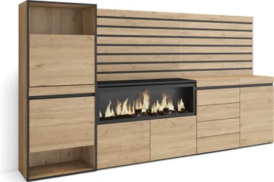 Image de COZY Meuble à Chaussures, 274x35x145 cm, Chambre à coucher, Cheminée électrique XXL, Commode, Buffet, Panneaux Muraux en Bois, Chêne