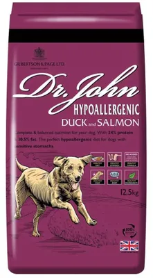 Image de Croquettes pour chiens au canard et au saumon, sans poulet – 12,5 kg – Dr John